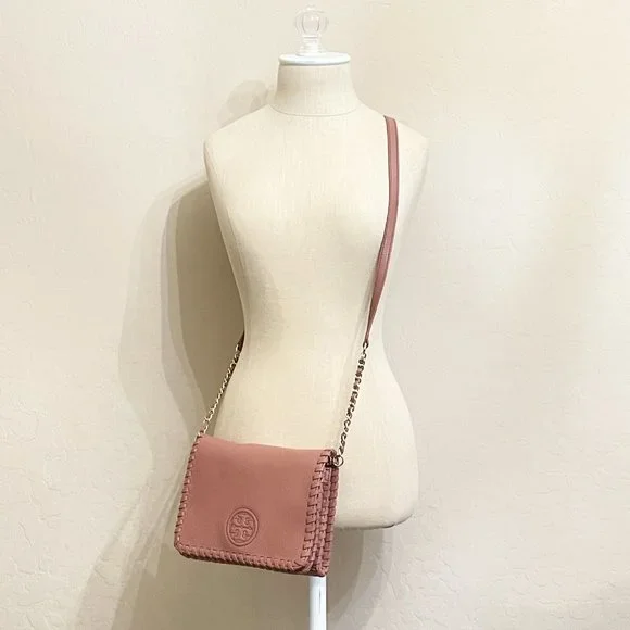 Tory Burch Crossbody Bag Marion Combo Maple Sugar Mauve Pink Leather Whipstitch - Picture 1 of 11